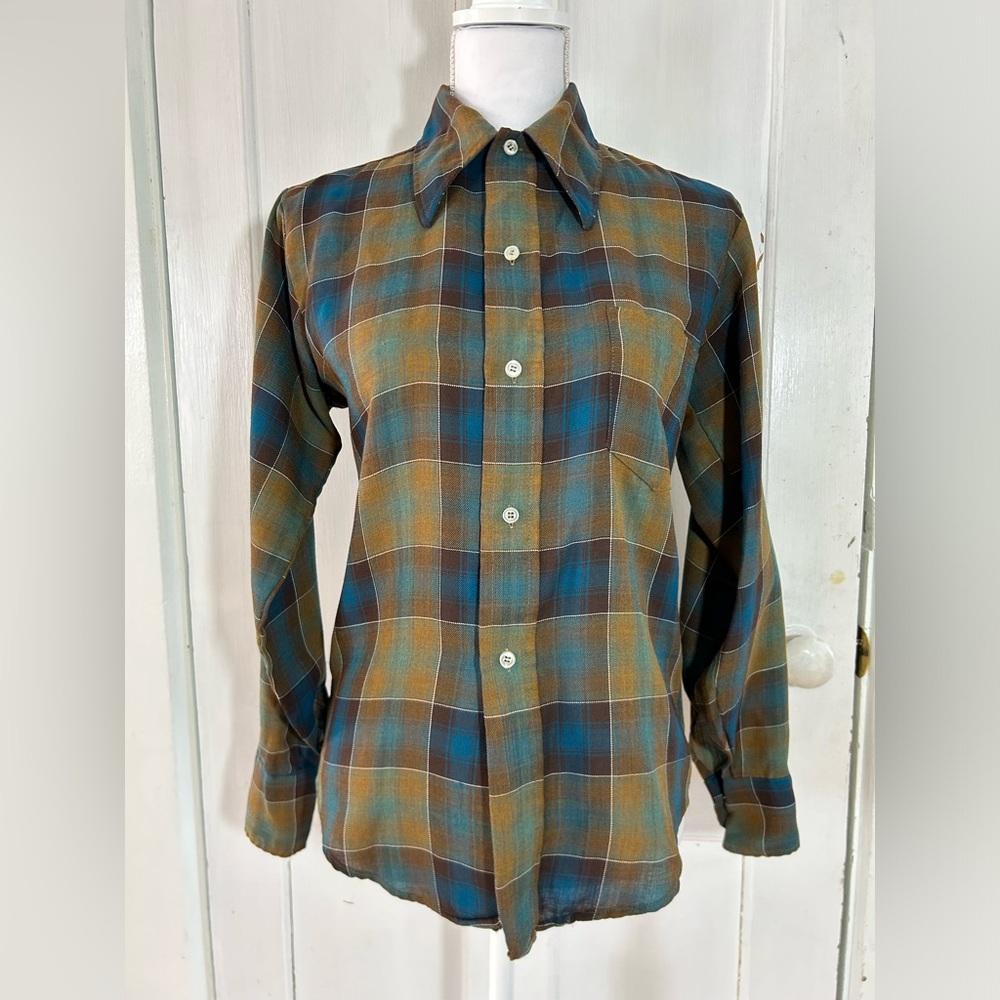 Early 70’s Blue, Green and Brown Plaid Button Down Shirt size 16